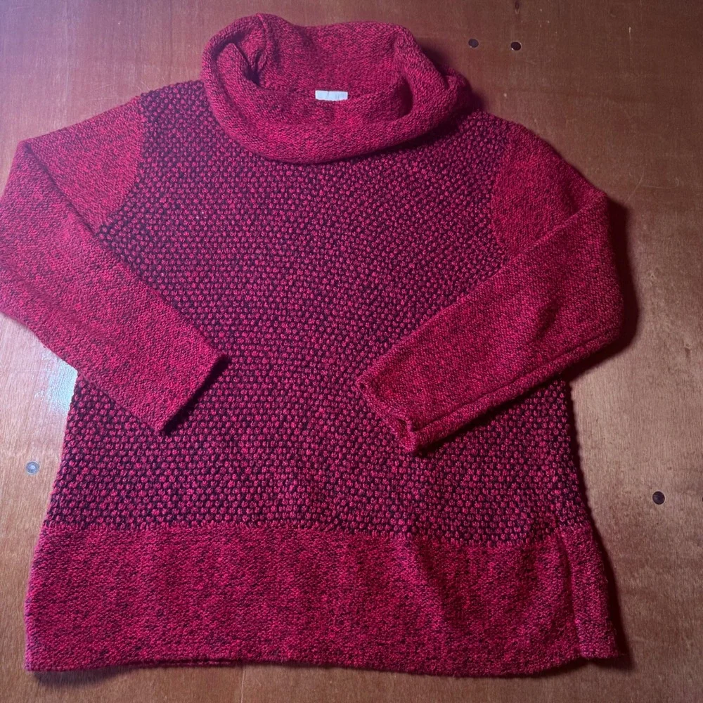 J. Jill Womens L Red Cowl Neck Sweater Textured Knit Marled Long Sleeve